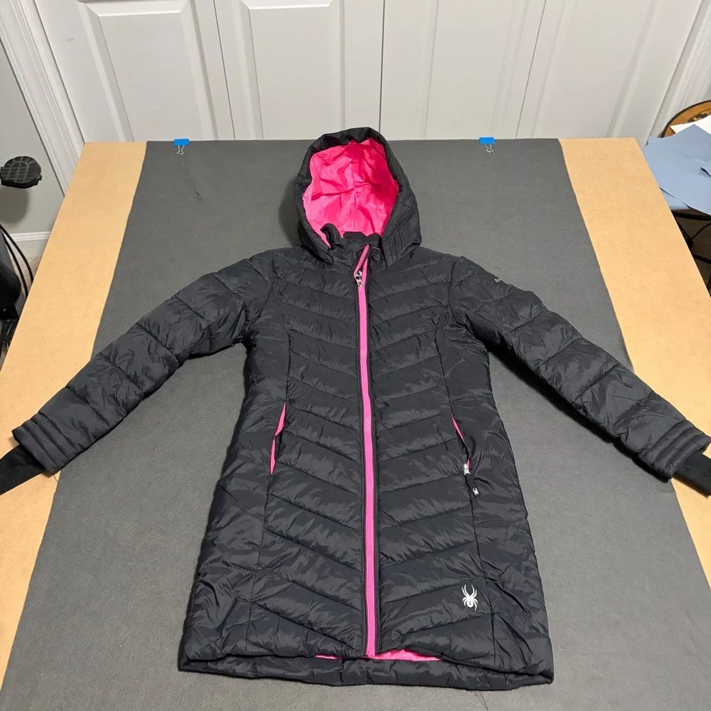 Spyder Puffer Parka Jacket Boy Girl M 10-12 Black Pink Hood Long Warm Ski Snow